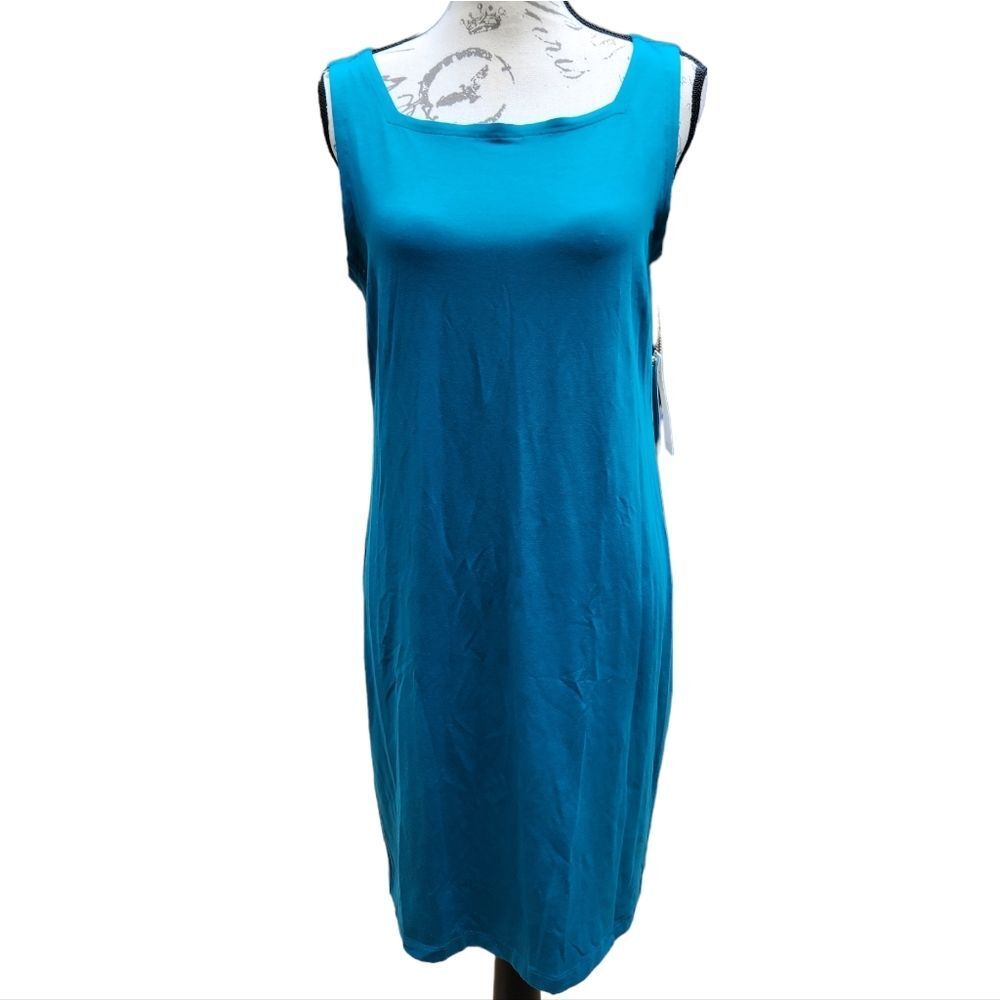 Eileen Fisher NWT Square Neck Jersey Knit‎ Tank Shift Dress Teal  Blue Small